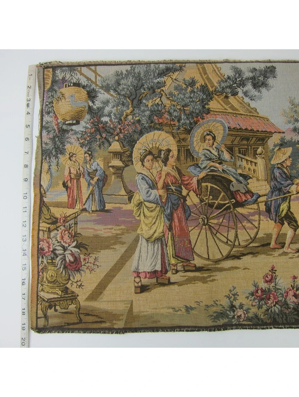 Vintage French Tapestry Japanese Geisha Parasol Cart Pagoda with Rod 25 x 19